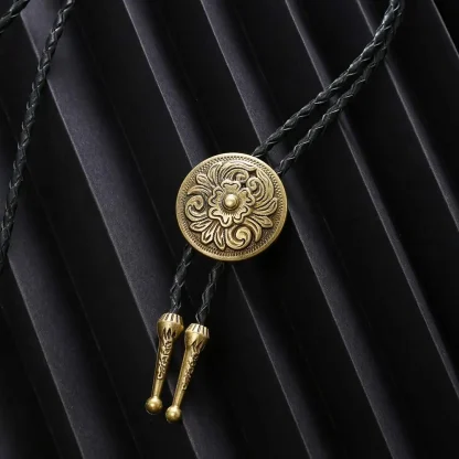 Round Bolo Tie with Embossed Flower Design - Image 4