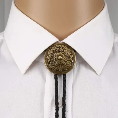 Round Bolo Tie with Embossed Flower Design