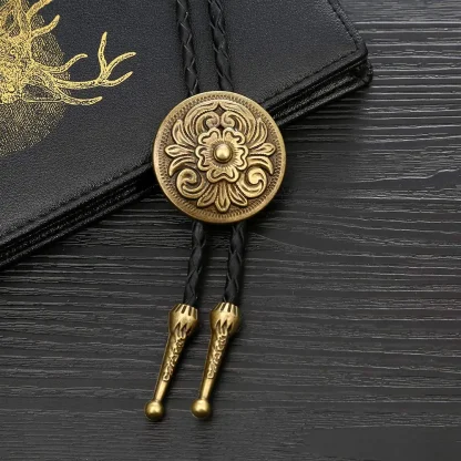 Round Bolo Tie with Embossed Flower Design - Image 6