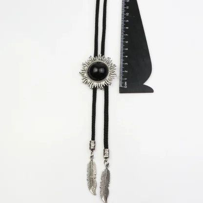 Round Black Bolo Tie with Feather Shape Pendant - Image 3