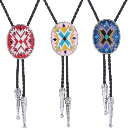 Oval Shaped Bolo Tie with Tribal Pattern - Image 2