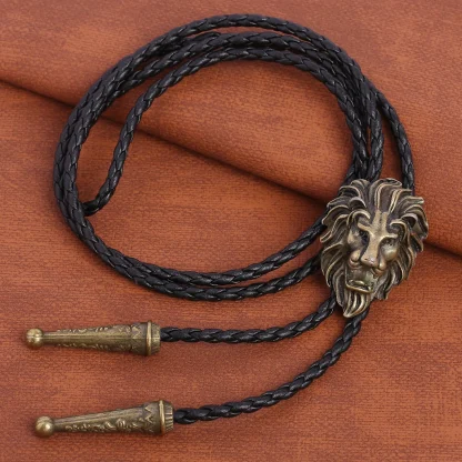 Faux Leather Bolo Tie with Lion Head Pendant - Image 5