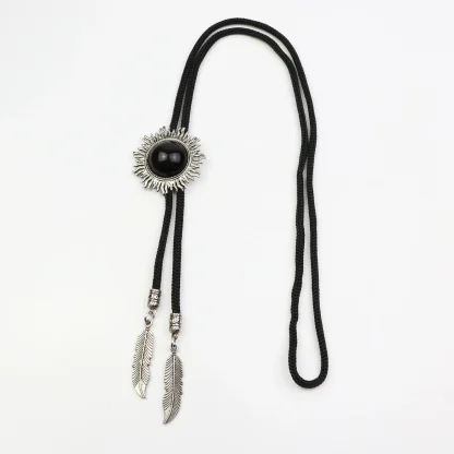 Round Black Bolo Tie with Feather Shape Pendant - Image 2