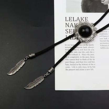 Round Black Bolo Tie with Feather Shape Pendant - Image 5