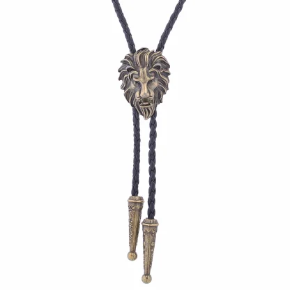 Faux Leather Bolo Tie with Lion Head Pendant - Image 12