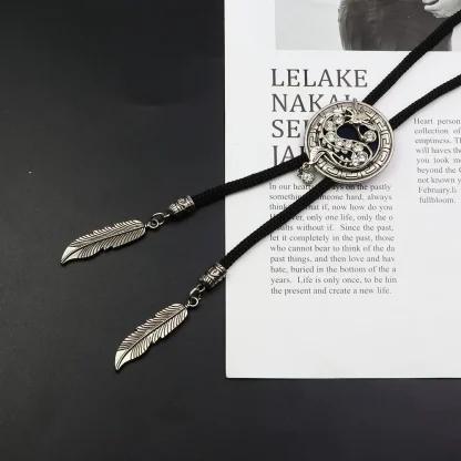 Round Black Bolo Tie with Feather Shape Pendant - Image 4