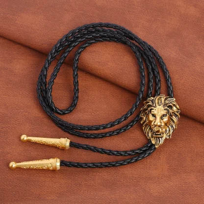 Faux Leather Bolo Tie with Lion Head Pendant - Image 4