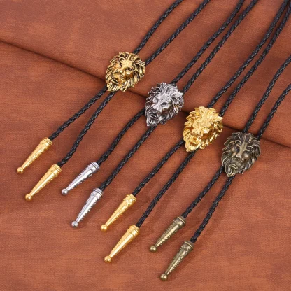 Faux Leather Bolo Tie with Lion Head Pendant - Image 2