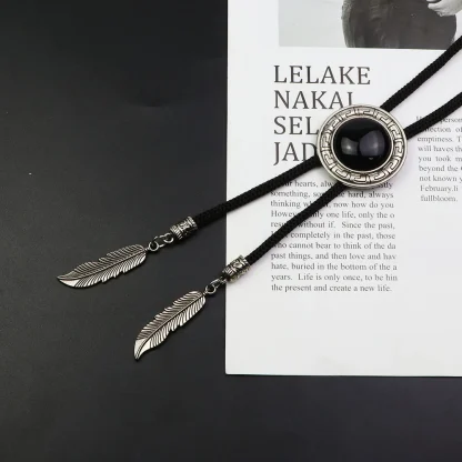 Round Black Bolo Tie with Feather Shape Pendant